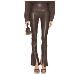 Norma Kamali Spat Legging Faux Leather Pants Chocolate Brown Flare Split Sz XS